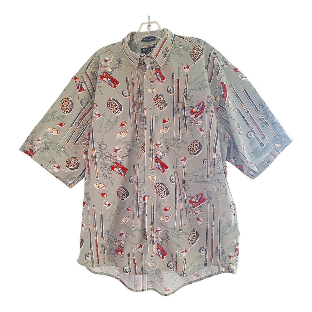 Ivy Crew Fish Theme Button Down 100% Cotton Men’s XXL Classic Short Sleeve Cabin - Picture 3 of 8